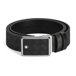 Cintura 30 mm reversibile in pelle nera/nera con fibbia con targhetta con intarsi