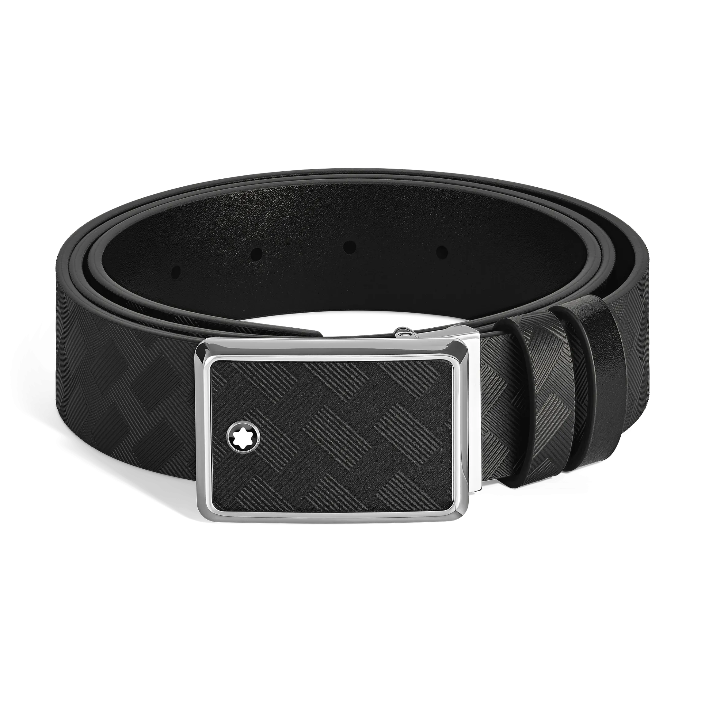 Cintura 30 mm reversibile in pelle nera/nera con fibbia con targhetta con intarsi