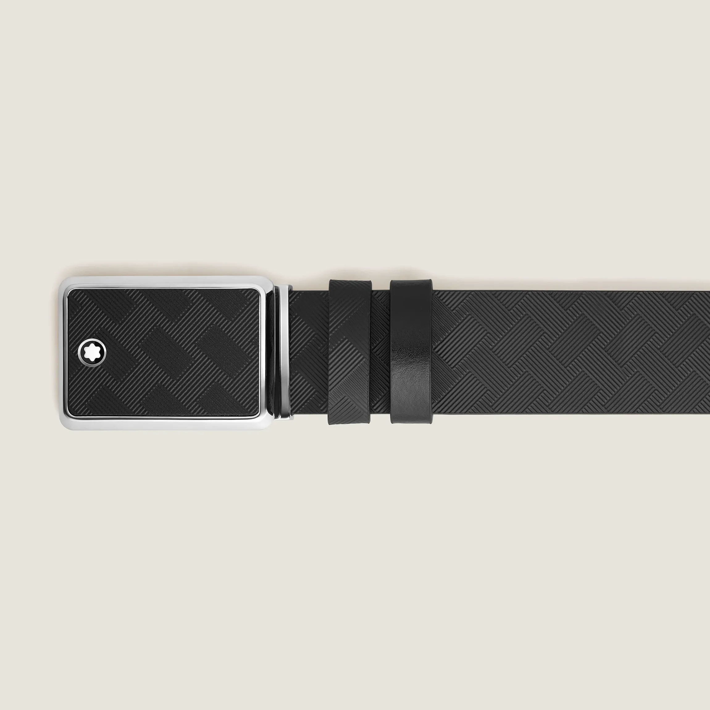 Cintura 30 mm reversibile in pelle nera/nera con fibbia con targhetta con intarsi
