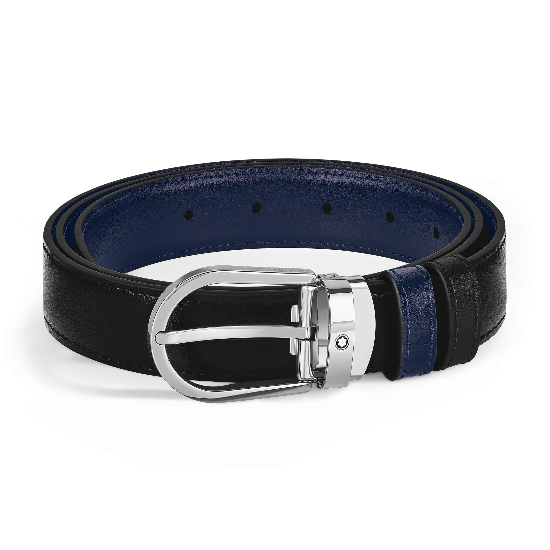 Cintura reversibile con fibbia a ferro di cavallo 30 mm in pelle nera/blu inchiostro