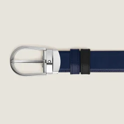 Cintura reversibile con fibbia a ferro di cavallo 30 mm in pelle nera/blu inchiostro