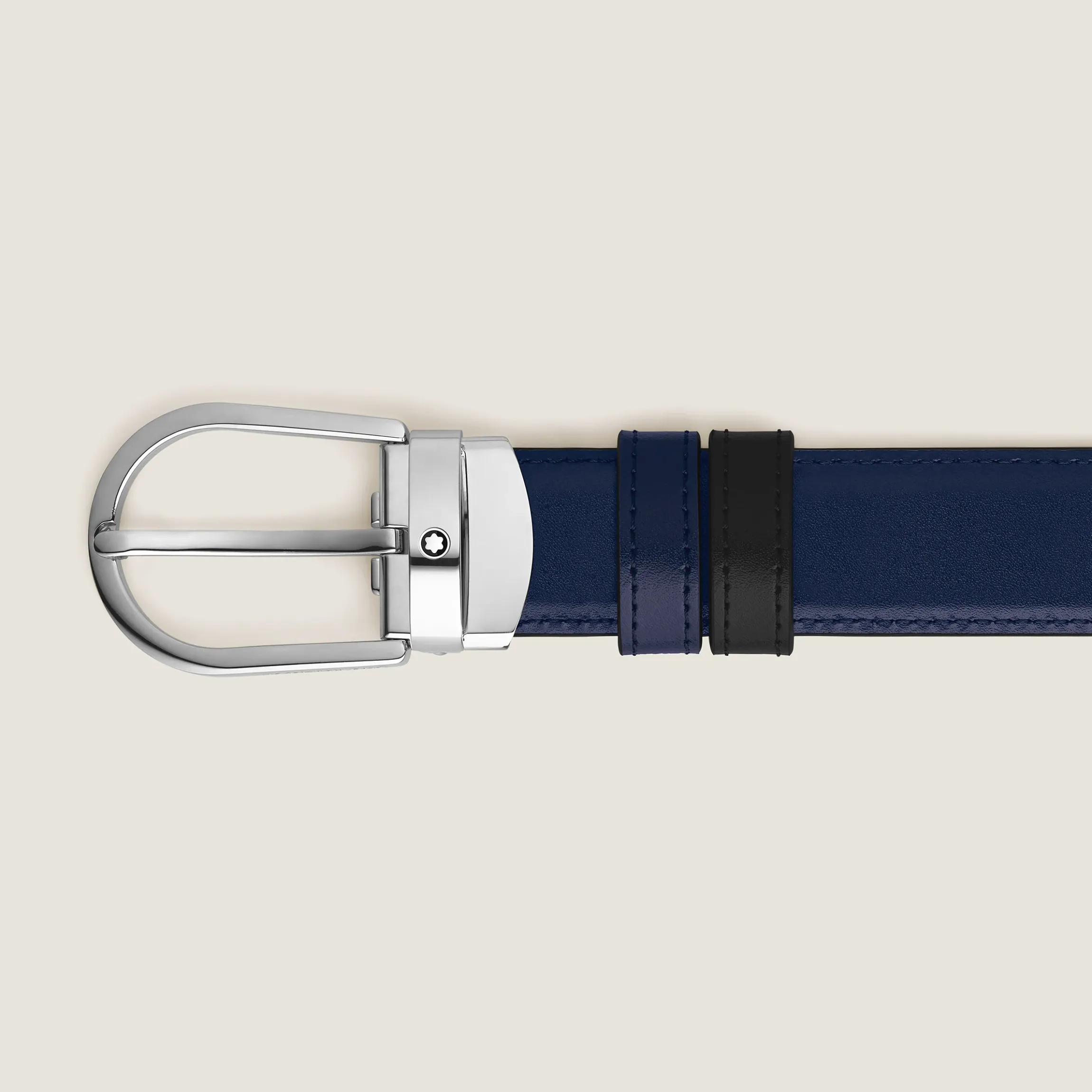 Cintura reversibile con fibbia a ferro di cavallo 30 mm in pelle nera/blu inchiostro