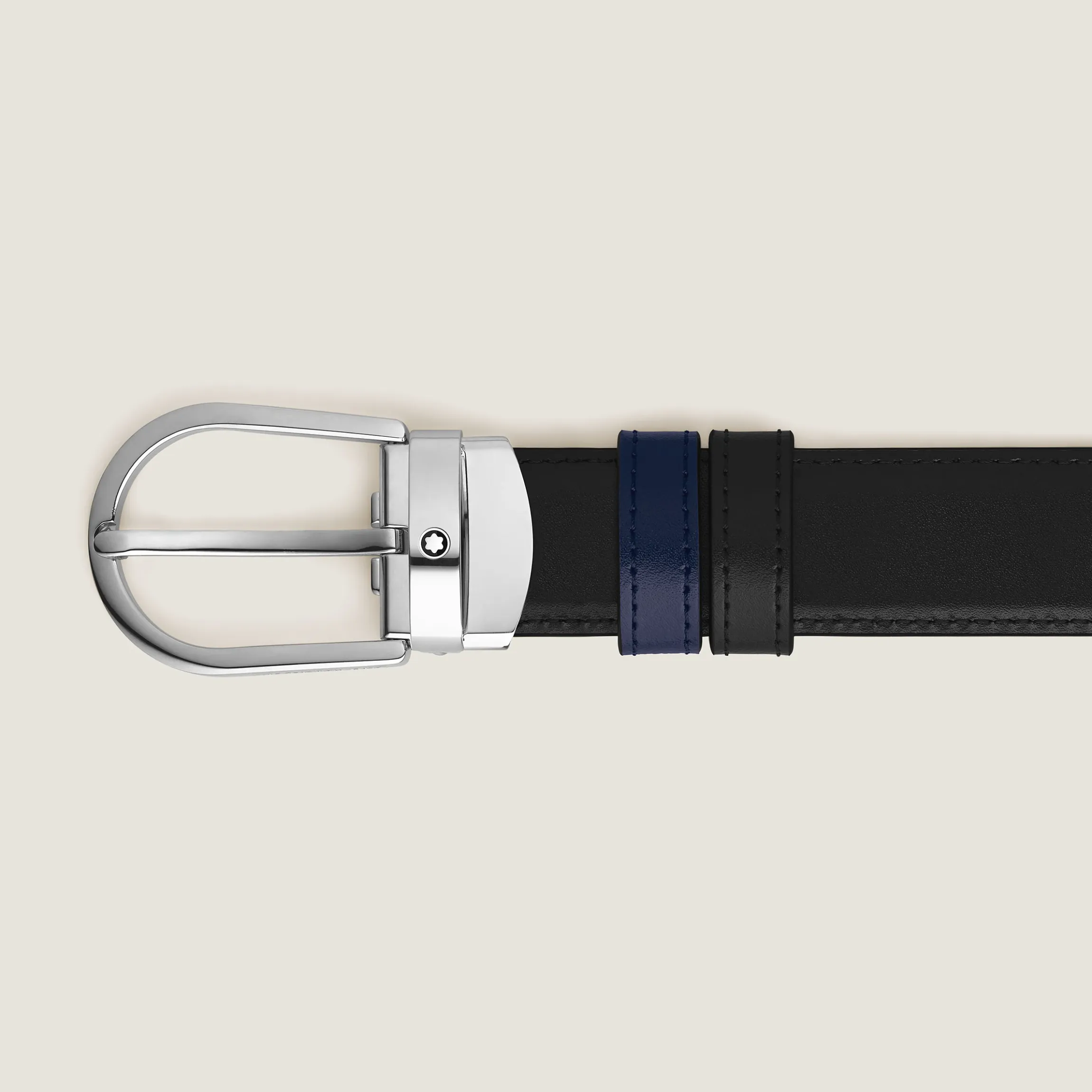Cintura reversibile con fibbia a ferro di cavallo 30 mm in pelle nera/blu inchiostro