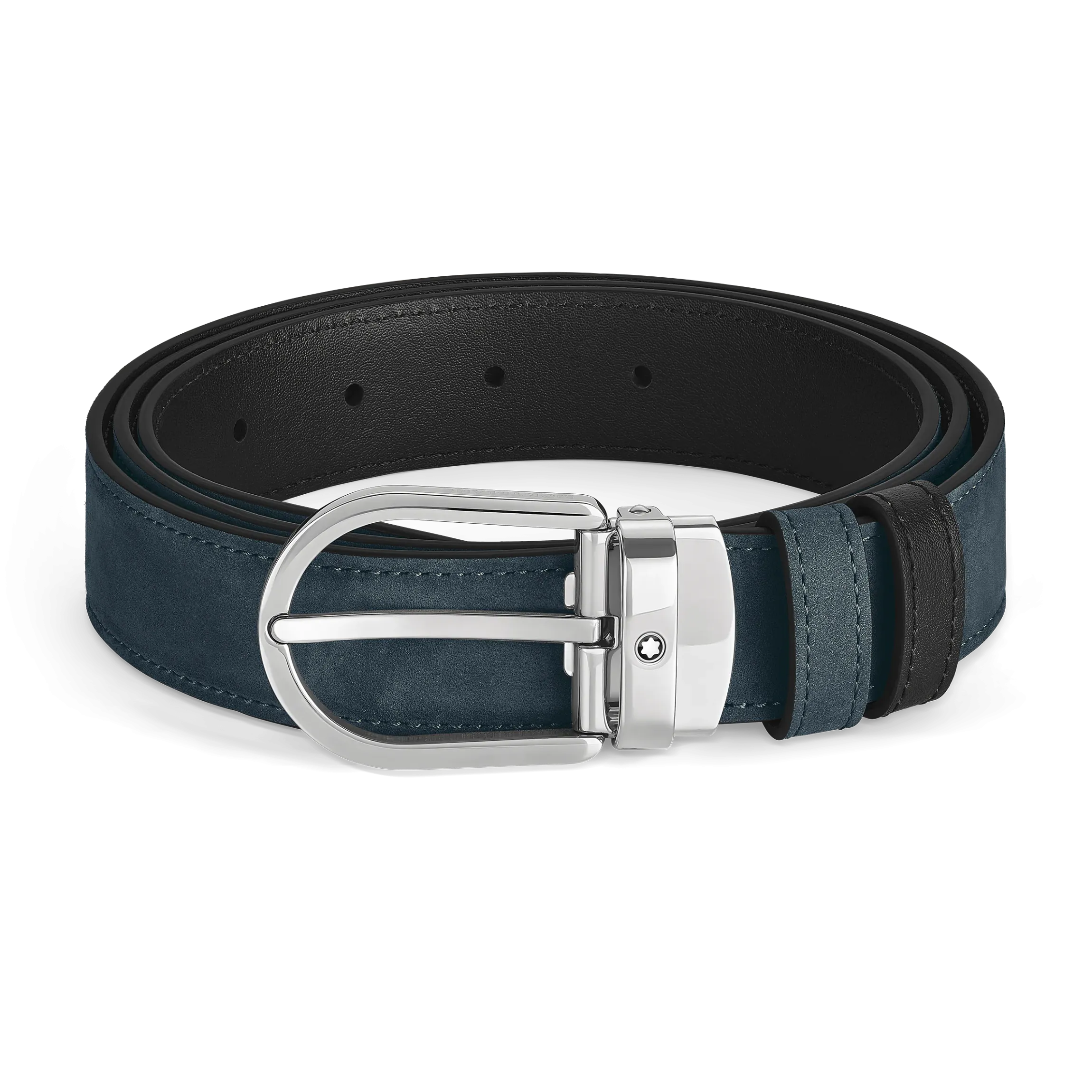 Cintura reversibile 30 mm in pelle blu velluto/nera con fibbia a ferro di cavallo