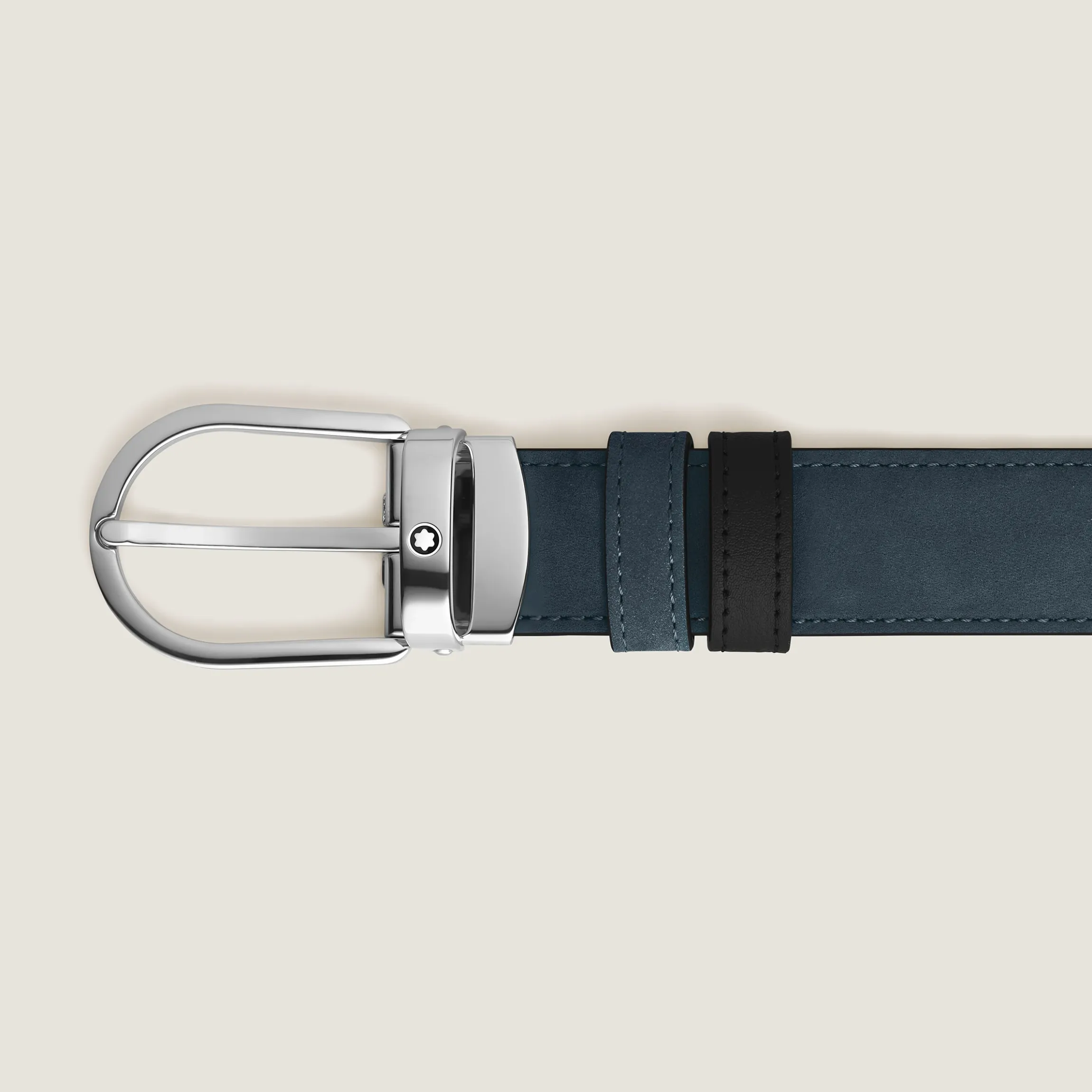 Cintura reversibile 30 mm in pelle blu velluto/nera con fibbia a ferro di cavallo