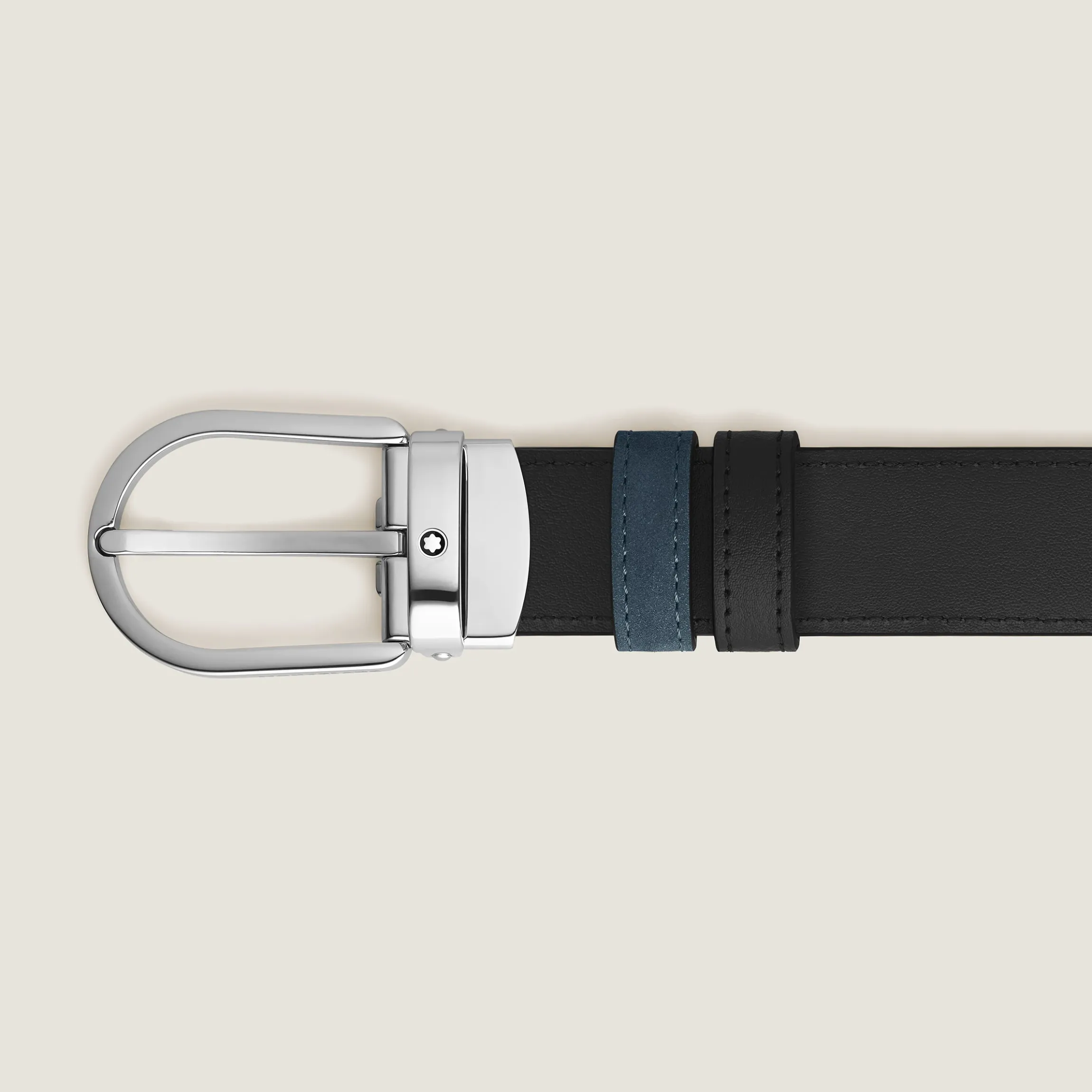 Cintura reversibile 30 mm in pelle blu velluto/nera con fibbia a ferro di cavallo